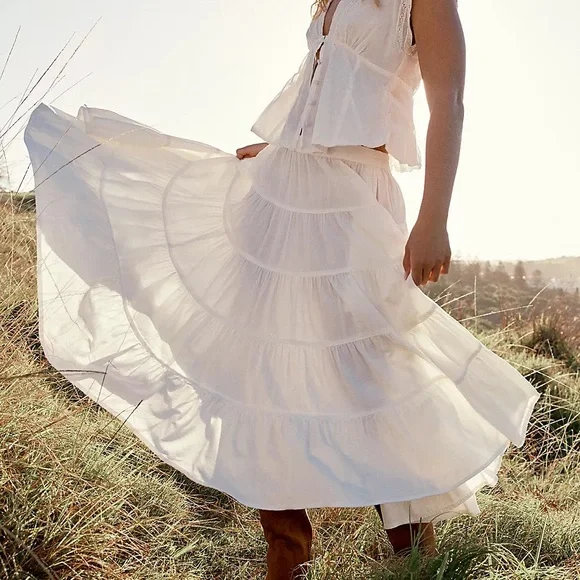 Free People In Full Swing Midi Skirt Tiered Peasant Ivory White Cotton NEW Small - Picture 13 of 13